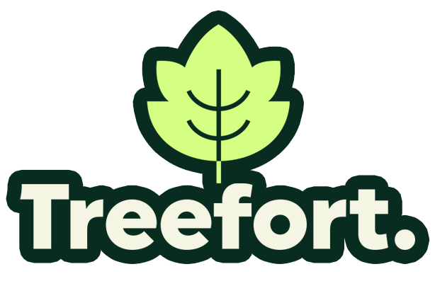 A green leaf with white text "Treefort."